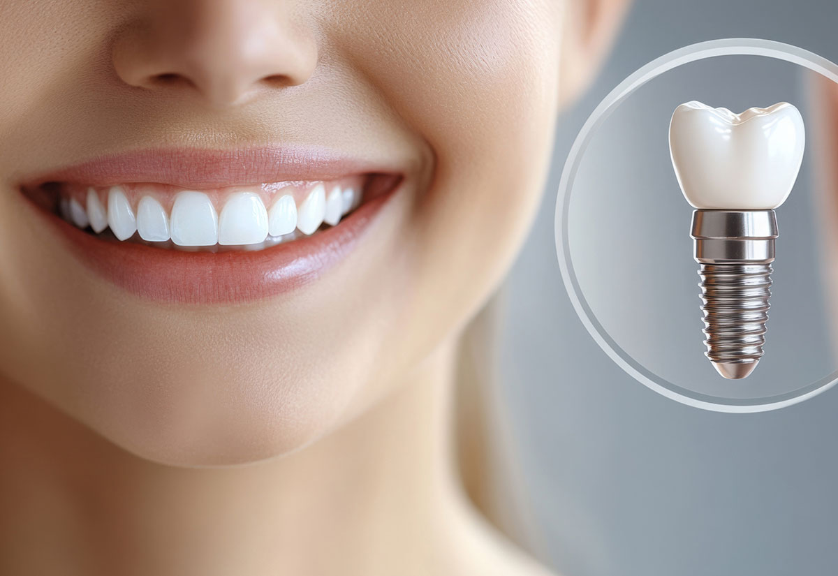 A Women smiling with a dental implants